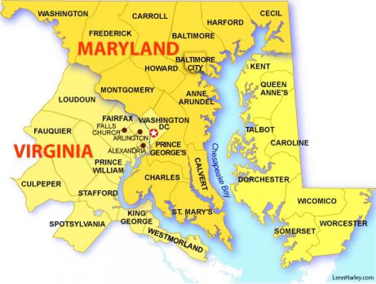 карта на мериленд, вирџинија и вашингтон